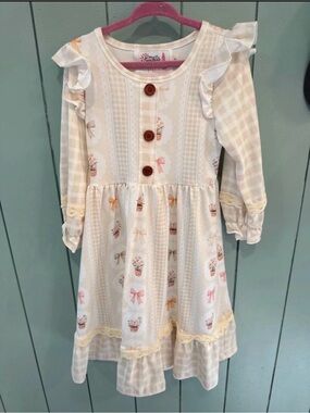 Girls Cream Floral Bow Print Ruffle Dress with Wooden Buttons